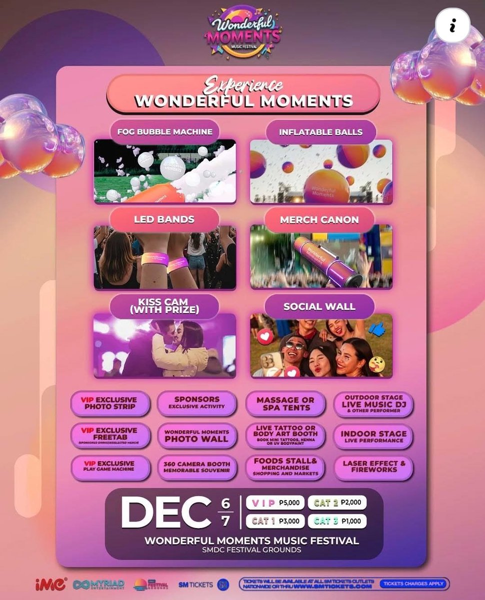 philconcerts's tweet photo. Wonderful Moments Music Festival unveils its official line up.

Dec. 6 - 7, 2025
SMDC Festival Grounds 

Ticket Prices:
P5000 VIP
P3000 CAT 1
P2000 CAT 2
P1000 CAT 3

Tickets on sale soon via SM Tickets.

By @ImePhilippines and @myriad_events https://t.co/TySdv88i1C