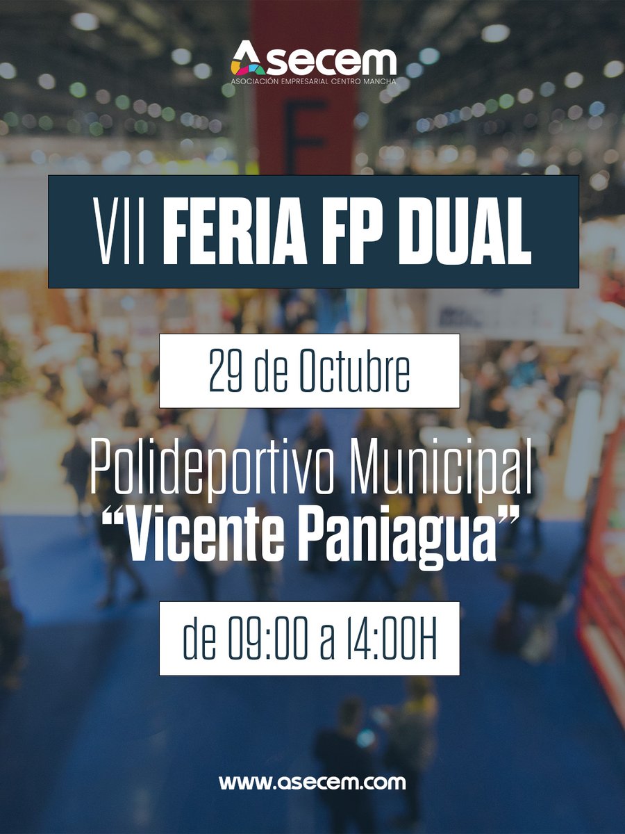 ASECEM1's tweet photo. 📅 Mañana, 29 de octubre (09:00–14:00 h), participamos en la VII Feria FP Dual en el Polideportivo Vicente Paniagua (Alcázar de San Juan).

Estaremos con nuestros asociados y nuestro presidente, Eduardo García, en la mesa redonda “Donde la empresa encuentra su futuro”.

#ASECEM https://t.co/aQiKtcMMId