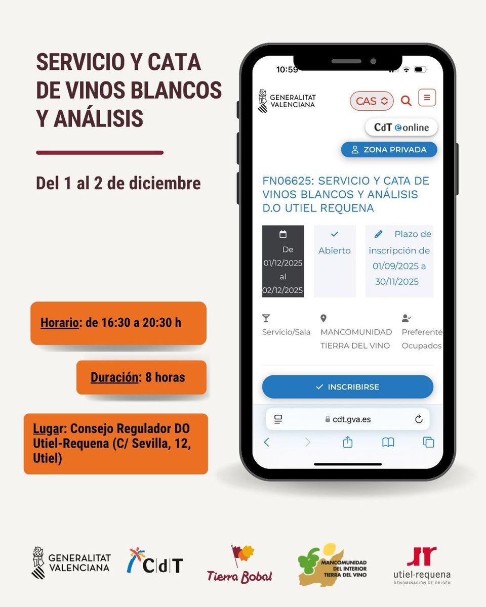 MITierradelVino's tweet image. ‼ La #MITV y el @centredeturisme de Valencia organizan:

👩‍🏫 Curso de SERVICIO Y CATA DE VINOS BLANCOS Y ANÁLISIS (FN06625)
📆 Días 1 y 2 de diciembre
⏱ 8 horas  (de 16:30 a 20:30 h)
📍Sede @DOUtielRequena en #Utiel

📝 Inscríbete hasta el 30/11 👉cdt.gva.es/curso/?curso=F…