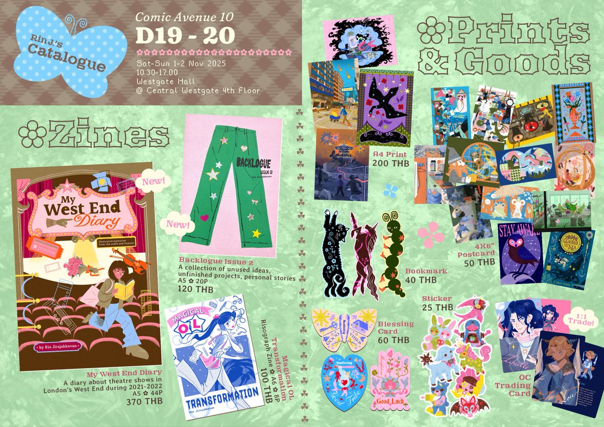 ใบเมนูงาน #ComicAvenue10 ค่ะ ของน่าจะมีเยอะกว่าในเมนูนะคะ(เช็คไม่ทัน)

💖D19-20: Rin J.
🗓️ Sat-Sun, 1-2 Nov 2025
📍 Westgate Hall @ Central Westgate

เรามี OC Card ไปแลกด้วยนะคะ #OCTradingCardTH ปั่นโค้งสุดท้ายมาก เป็นออริเราที่ปกติจะลงในอีกแอค มาแลกกันน้า

⁠#CA10 ⁠#CA10_2days