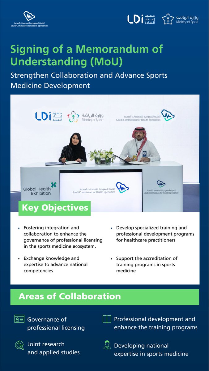 خطوة جديدة نحو منظومة رياضية أكثر تكاملًا 🇸🇦

وقّع معهد إعداد القادة بوزارة الرياضة مذكرة تفاهم مع الهيئة السعودية للتخصصات الصحية <a href="/SchsOrg/">هيئة التخصصات الصحية</a>، وبالتعاون مع الاتحاد السعودي للطب الرياضي <a href="/saudifsm/">الاتحاد السعودي للطب الرياضي</a>؛ لبناء شراكة استراتيجية تُسهم في تطوير منظومة الطب الرياضي من خلال حوكمة اعتماد