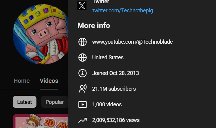 susanfox's tweet photo. Happy birthday to Technoblade's channel, 12 years of greatness. 

21.1 Million Subscribers and soaring
1000 videos
Over 2 BILLION views
One loved pig king https://t.co/9weRNZooDN