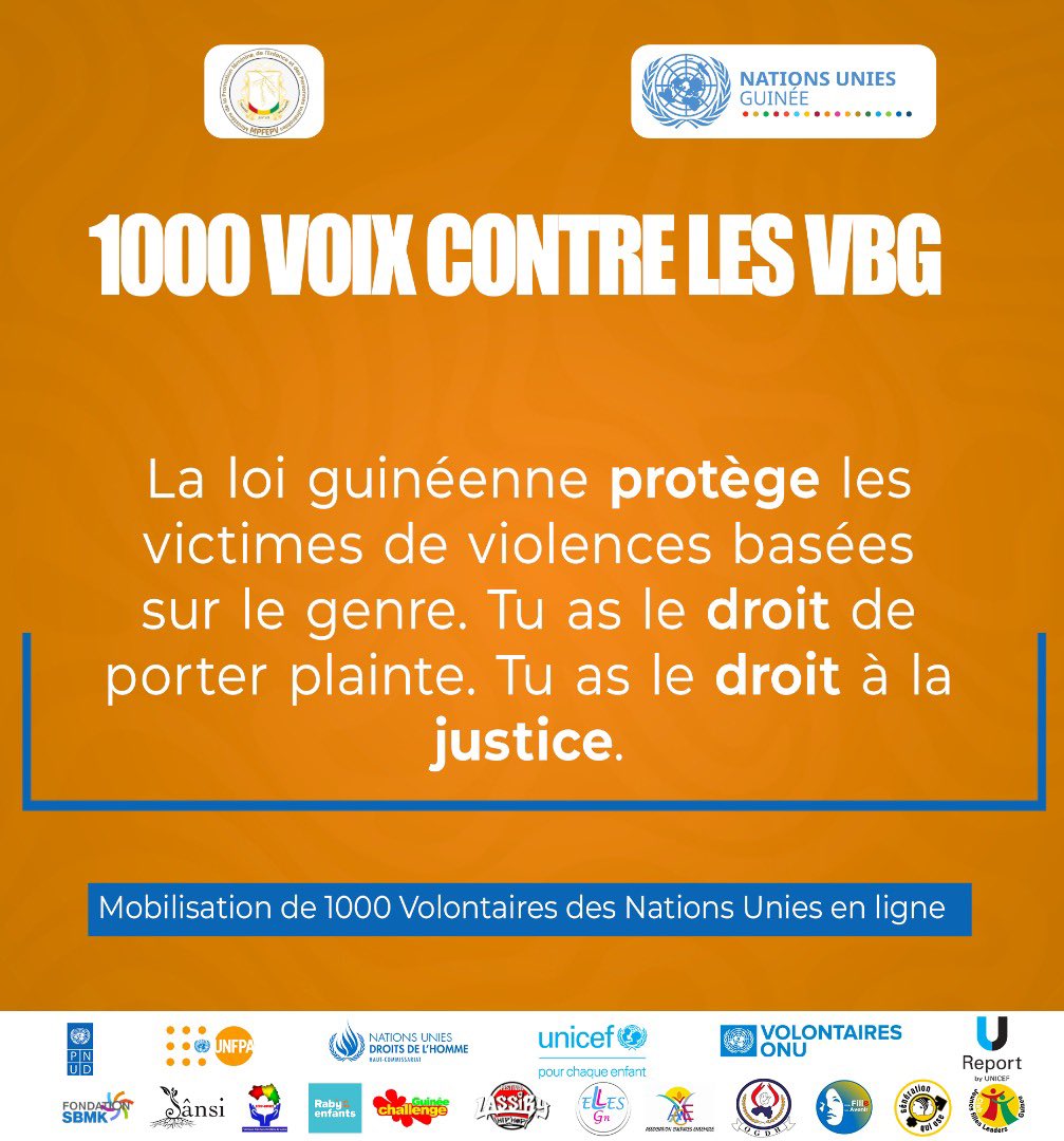 La loi guinéenne protège les victimes de #VBG.
Tu as le droit de porter plainte. Tu as le droit à la justice ✊🏽
StopVBG #JusticePourToutes
<a href="/pvnuguinee/">VNU Guinée</a> <a href="/PNUDGuinee/">PNUD Guinée</a> <a href="/OnuGuinee/">NATIONS UNIES GUINEE</a> <a href="/OnuGuinee/">NATIONS UNIES GUINEE</a> <a href="/UnfpaGuinee/">unfpa guinee</a>