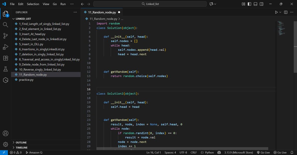 DK_Coder_Girl's tweet image. Picking a random node from a linked list is like flipping through a book 📖 and choosing a random word —
You could:

Today I implemented both.
One is quick and space-hungry, the other is clever and memory-efficient.
Loved the elegance of the second approach!