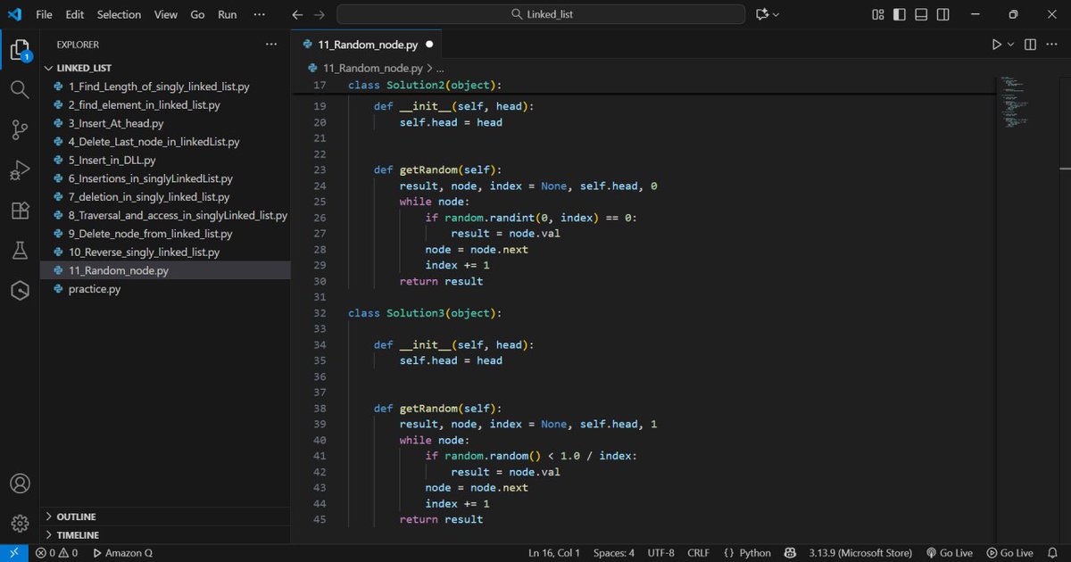 DK_Coder_Girl's tweet image. Picking a random node from a linked list is like flipping through a book 📖 and choosing a random word —
You could:

Today I implemented both.
One is quick and space-hungry, the other is clever and memory-efficient.
Loved the elegance of the second approach!