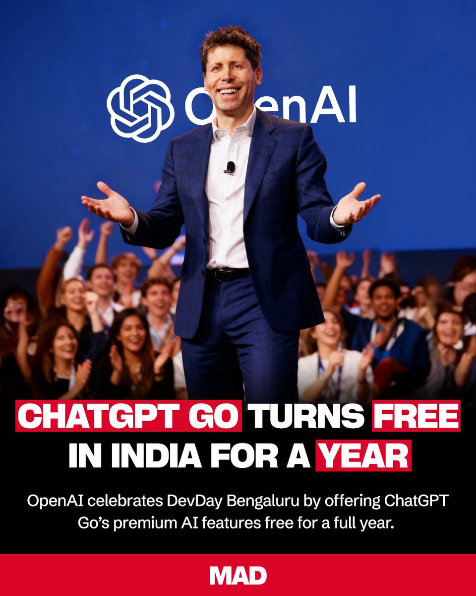 mobileappdaily's tweet image. ChatGPT Go is now FREE for 1 YEAR!

Yes, you read that right, OpenAI just dropped a bombshell for India.

Smarter replies, faster speed, zero cost. Time to upgrade your brain.