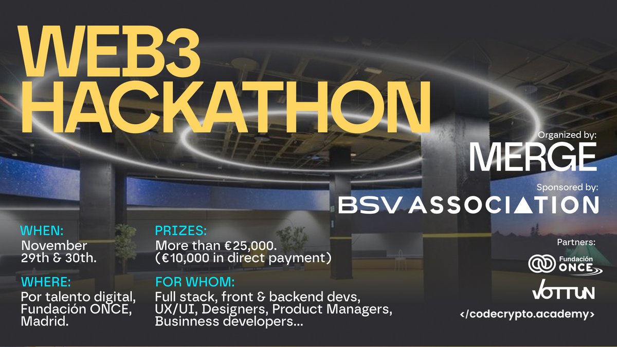 🚨 Web3 Hackathon | 🗓️ November 29-30, 2025 |  Por Talento Digital, Fundación ONCE, Madrid

Devs, designers, product minds, and business brains: this one’s for you.

Join a two-day Web3 hackathon focused on building blockchain infrastructure for enterprise. Whether you're