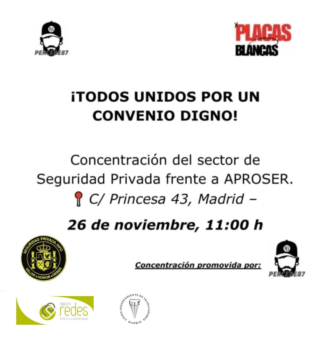 Primeros sindicatos y compañer@s que se adhieren a la concentración de SEGURIDAD PRIVADA del día 26 de NOVIEMBRE 
Sin BANDERAS ni COLORES
Gracias a tod@s por el apoyo.
Espero que sirva para UNIR a la PROFESIÓN y darnos cuenta de la importancia y fuerza que tenemos.

#seguridad
