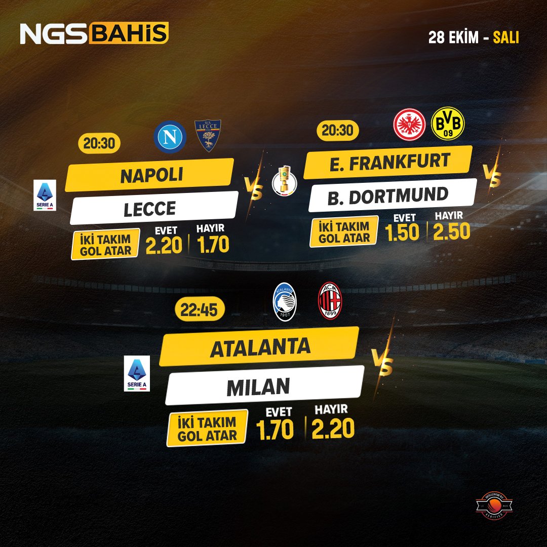 Günün öne çıkan karşılaşmaları
NGSBAHİS Giriş 👉 t2m.io/NGTW

🎁 %100 Hoş Geldin Bonusu
♻️ %5 Reload Bonusu

#Guncel #SerieA #Oranlar