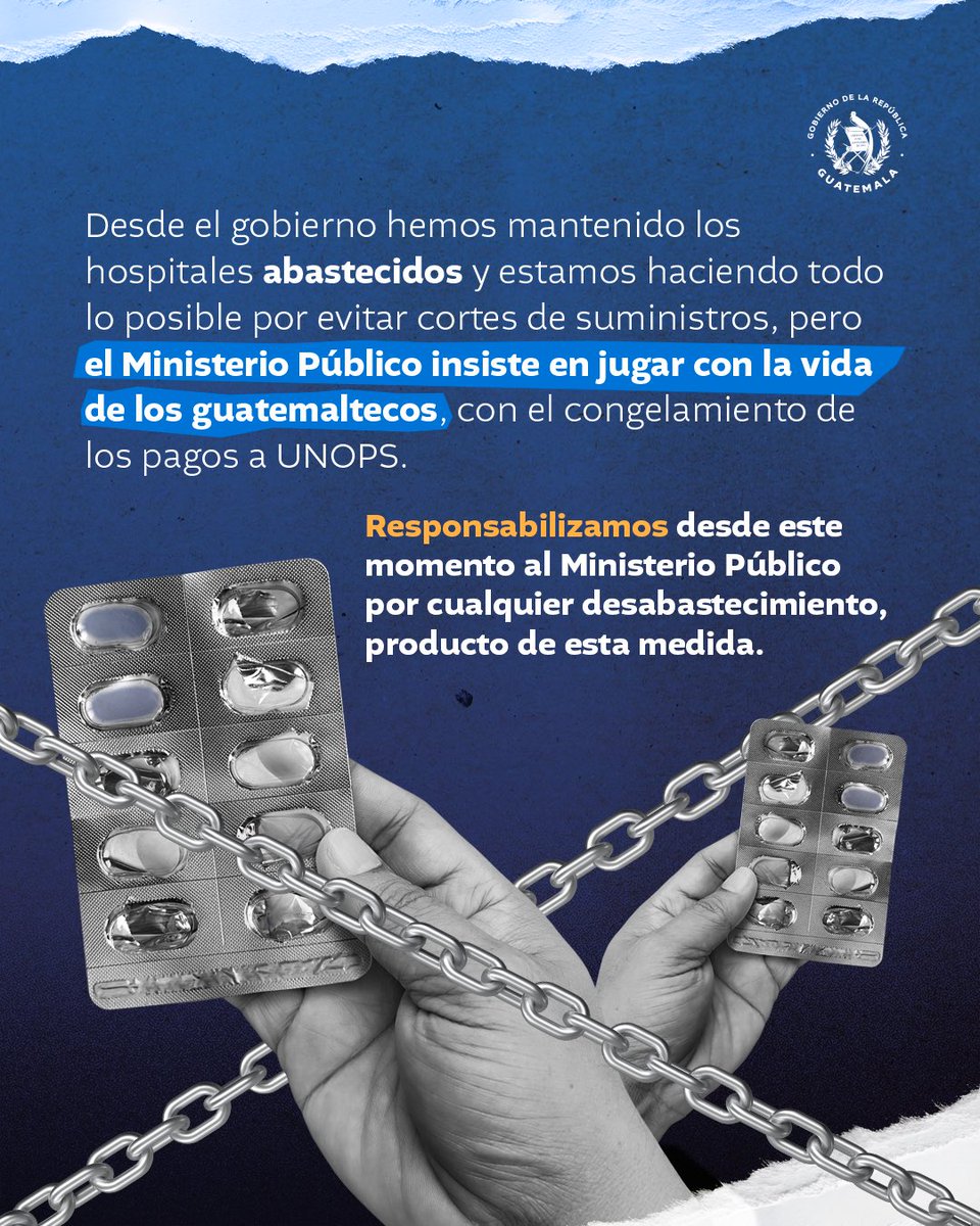 GuatemalaGob's tweet image. Cada retraso puede traducirse en menos medicamentos, menos tratamientos y más riesgo para los pacientes. 

El derecho a la salud no puede ponerse en riesgo. 💊