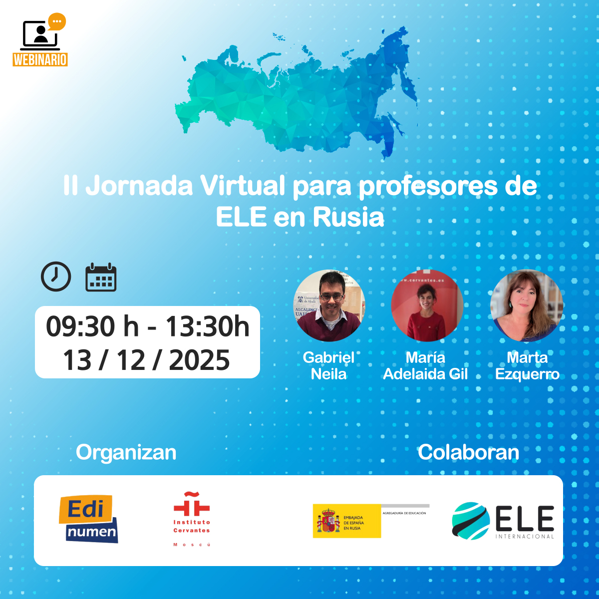 Diciembre 13, 2025 📅 9:30-13:30 "II Jornada Virtual para profesores de ELE en Rusia 🇷🇺",  organizada por <a href="/Edinumen/">Editorial Edinumen</a> <a href="/InstCervantes/">Instituto Cervantes</a> Moscú. Colabora <a href="/EDEspRusia/">Agregaduría de Educación de España en Moscú</a> <a href="/EmbEspRusia/">España en Rusia</a> <a href="/AccEducativaExt/">Acción Educativa Exterior</a> .
Invitamos a docentes de español en 🇷🇺 a apuntaros!
eventos.edinumen.es/eventos/ii-jor…