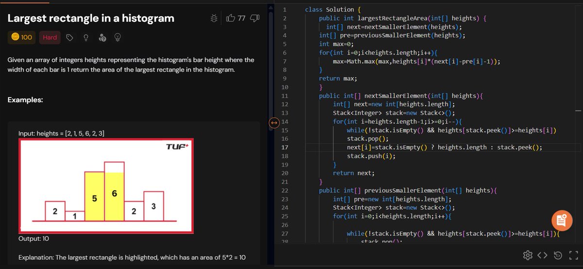 rajeshboya89's tweet image. Day 16 – #TUFWinterArc ❄️

Solved Largest Rectangle in Histogram 📊
Great use of Monotonic Stack for efficient range &amp;amp; area calculation! 

@takeUforward_  @striver_79 
#TakeUForward #TUF #DSA #Stack #Coding