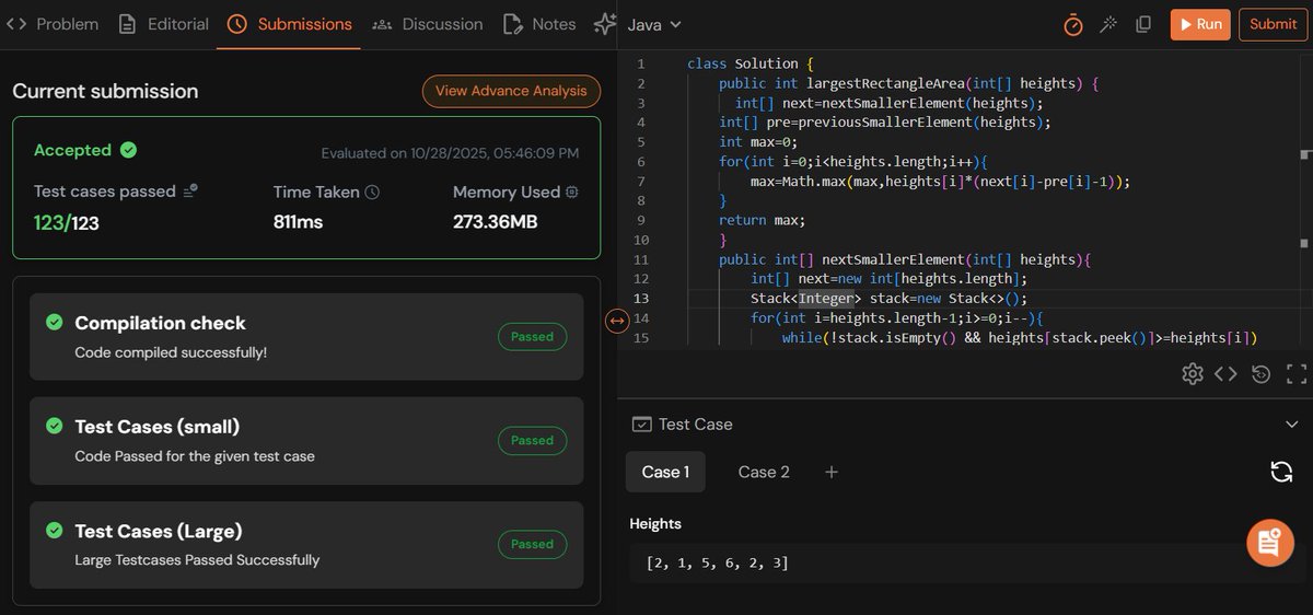 rajeshboya89's tweet image. Day 16 – #TUFWinterArc ❄️

Solved Largest Rectangle in Histogram 📊
Great use of Monotonic Stack for efficient range &amp;amp; area calculation! 

@takeUforward_  @striver_79 
#TakeUForward #TUF #DSA #Stack #Coding