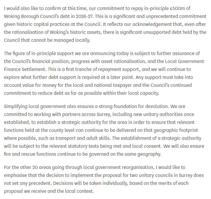 JackTShaw's tweet photo. The Government has issued a statement on local government re-organisation in Surrey.

Both proposals met the criteria, but the Government has chosen two unitaries - East Surrey and West Surrey - rather than three. Government will re-pay £500 million of Woking's debt in 2026-27: https://t.co/lto15efCfp