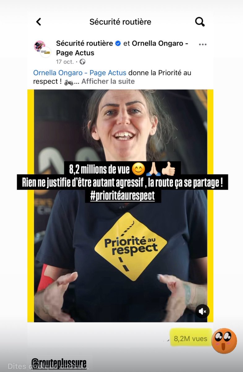 + de 8,2 millions de vues pour notre vidéo #PrioriteAuRespect <a href="/RoutePlusSure/">Sécurité routière</a> 
Fière ! 🌷