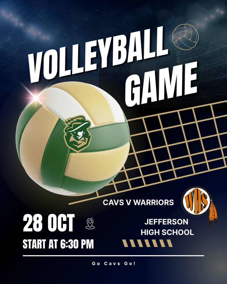 🏐 Game Day, Cavaliers!
The Cavs Volleyball team hosts the Warriors tonight in Metro Conference action! Come pack the gym and bring the energy! 💚

🕡 Varsity starts at 6:30 PM
📺 Livestream: youtube.com/@jeffersonhigh…

Let’s go, Cavs! 💥
