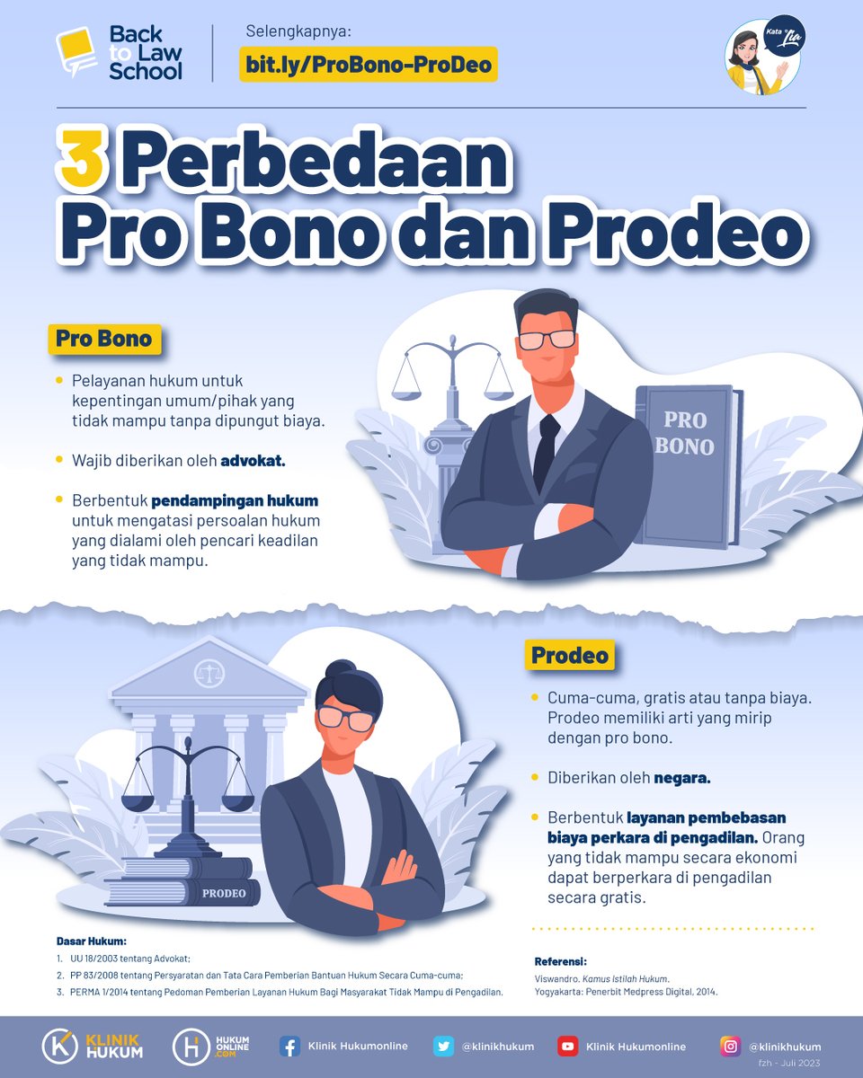 klinikhukum's tweet photo. Setidaknya terdapat 3 perbedaan antara pro bono dan prodeo. Yuk cari tahu apa saja bedanya pada infografis berikut!
Selengkapnya: https://t.co/RD2k3Hyirp
#klinikhukum #hukumonline #melekhukum #infografishukum #probono #prodeo https://t.co/L4XJDFHCJs