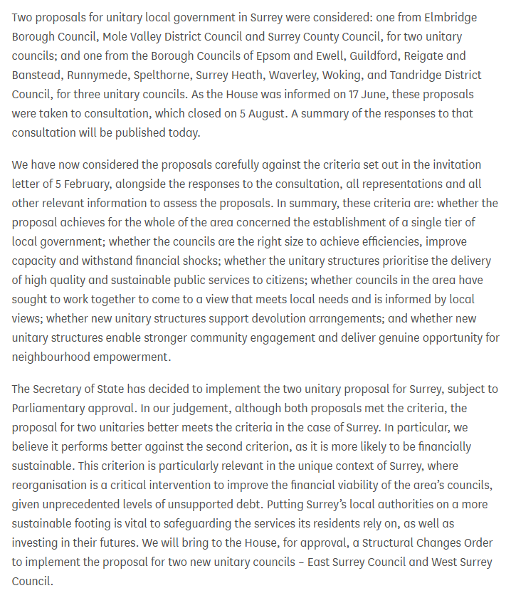 JackTShaw's tweet photo. The Government has issued a statement on local government re-organisation in Surrey.

Both proposals met the criteria, but the Government has chosen two unitaries - East Surrey and West Surrey - rather than three. Government will re-pay £500 million of Woking's debt in 2026-27: https://t.co/lto15efCfp