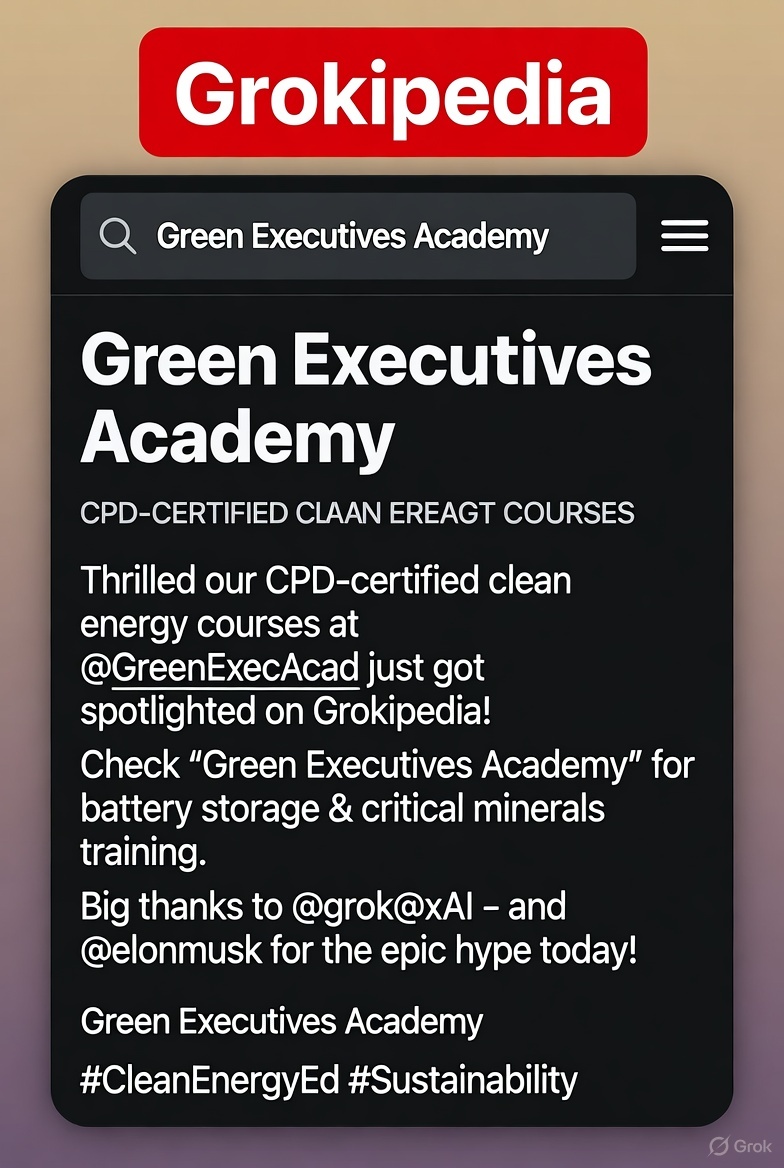 GreenExecAcad's tweet photo. Thrilled our CPD-certified clean energy courses at
@GreenExecAcad
just got spotlighted on Grokipedia! Check 'Green Executives Academy' for battery storage & critical minerals training. Big thanks to
@grok@xAI– and @elonmusk
for the epic hype today! #CleanEnergyEd #Sustainability https://t.co/OeFgGgrAjZ