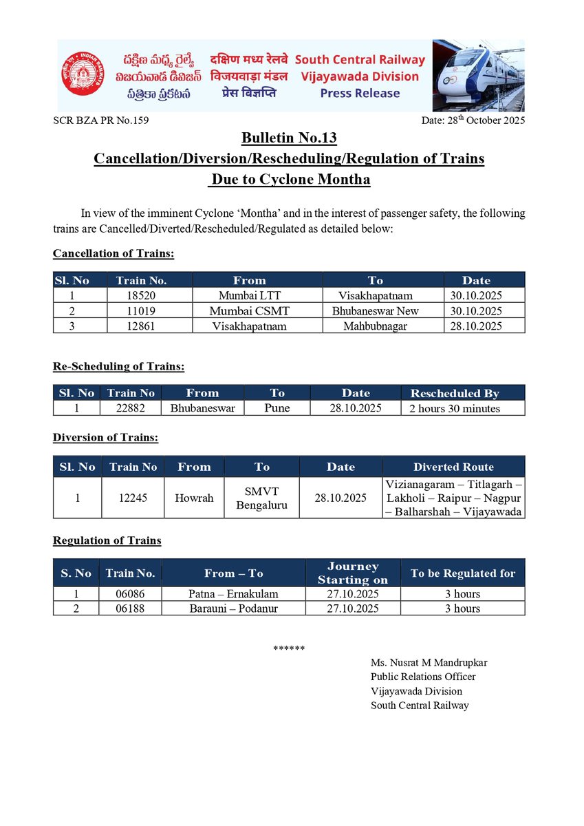 drmvijayawada's tweet photo. Bulletin No.13
Cancellation/Regulation/Rescheduling and Diversion of Trains due to Cyclone Montha
@SCRailwayIndia
@RailMinIndia
#CyclonePreparedness #SCRUpdates #VijayawadaDivision #CycloneMontha #IndianRailways #SafetyFirst #TrainCancellations #PassengerSafety https://t.co/wUE2Kv3i7I