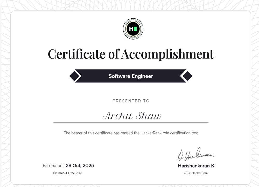 ArchitShaw's tweet image. Certified Software Engineer ✅
Thanks to @HackerRank for the skill validation — strengthened my problem-solving, OOP, and algorithmic design skills!
Credential 🎓 hackerrank.com/certificates/i…
#OpenToWork #HackerRank #DSA #Coding