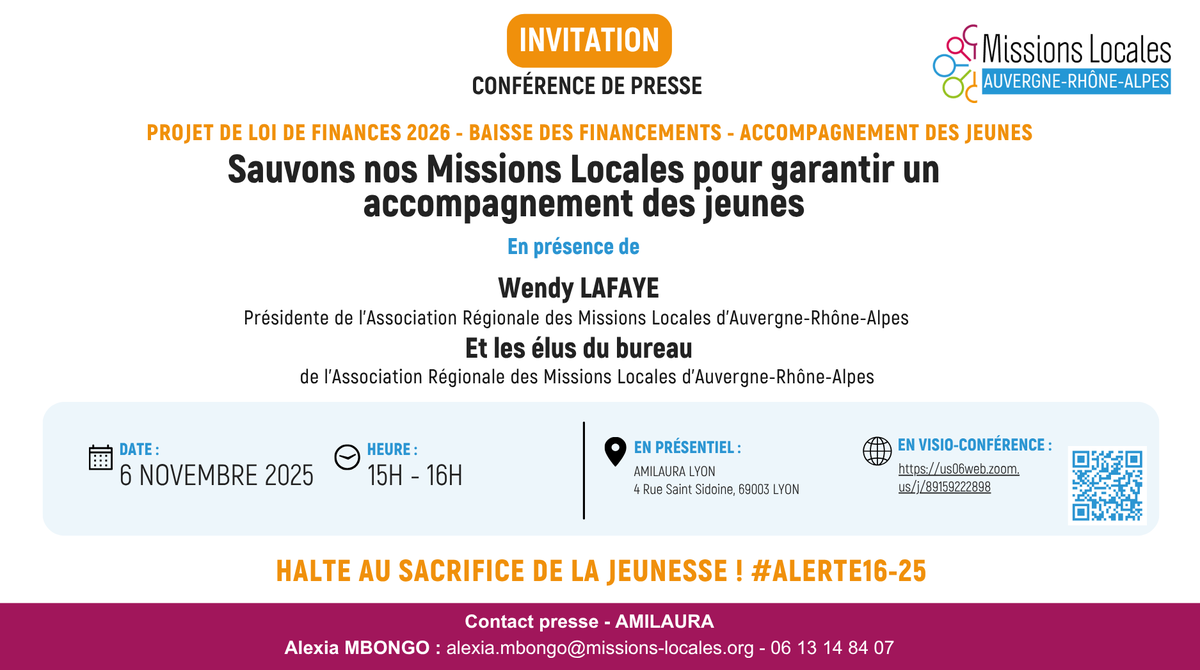 MLJ_AURA's tweet photo. 🔴 Conférence de presse AMILAURA

Face à la baisse des financements annoncée dans le PLF 2026, les Missions Locales alertent : c’est l’accompagnement des jeunes vers l’emploi et l’autonomie qui est menacé.

📅 Jeudi 6 novembre - 15h à 16h
📍 Lyon ou en visio

 Toutes les infos⤵️ https://t.co/SWwliTs3qp