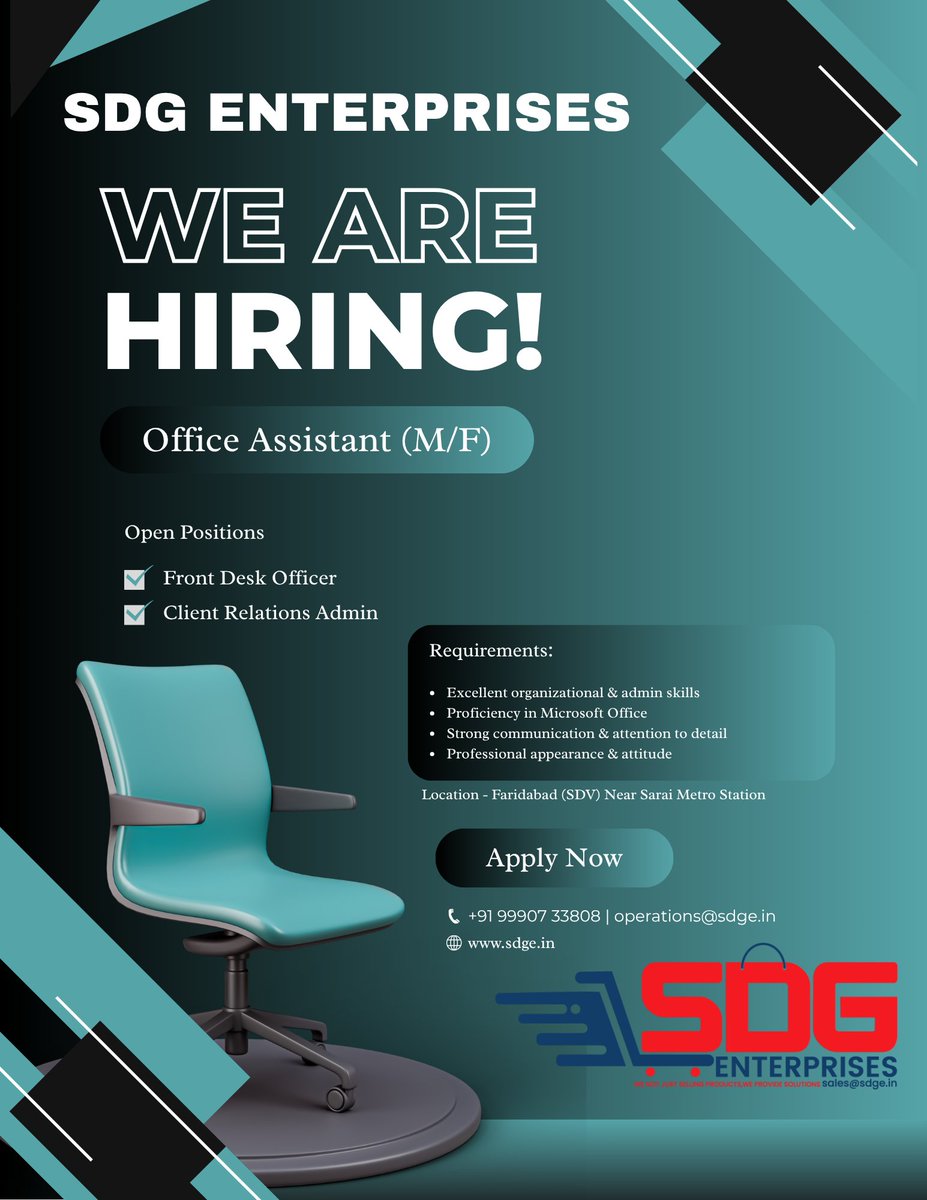SDGENTERPRISES1's tweet image. 📢 Hiring Office Assistant
🌟 Be part of our growing team! SDG Enterprises is hiring an Office Assistant to assist with day-to-day office operations and logistics.
👋 #SDGenterprises #SDG