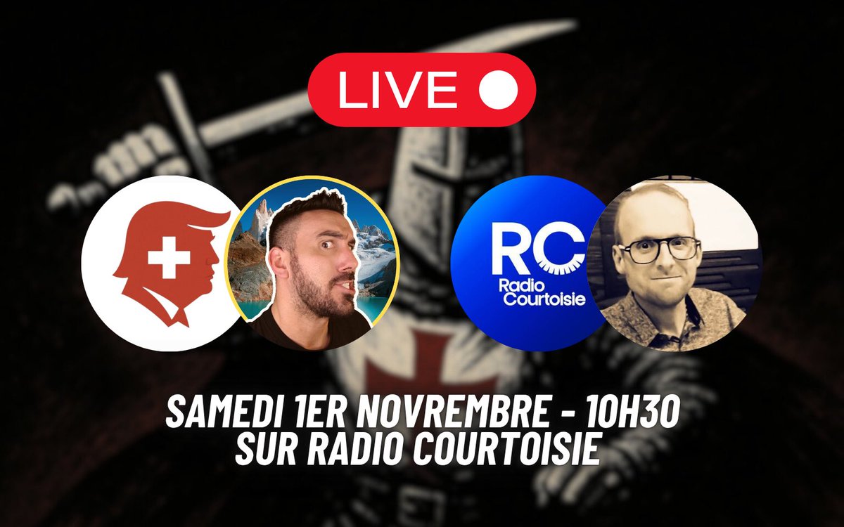 Je serai en direct audio chez <a href="/radiocourtoisie/">Radio Courtoisie</a> ce samedi 1er novembre 10h30 - 12h00 pour représenter le comité Trump Suisse (et parler de mes p’tites coquineries en Suisse évidemment).

Également présent, mon cher ami <a href="/nicolas_rivard/">Nicolas Rivard</a> - président UDC de Martigny en Valais. 🇨🇭