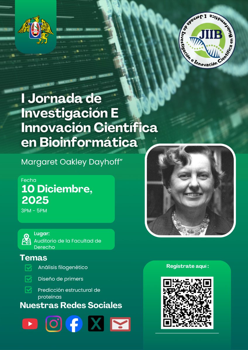 JoricbioinfoUNT's tweet image. 📢 ¡La ciencia y la innovación se unen!
Te invitamos a la I Jornada de Investigación e Innovación Científica en Bioinformática “Margaret Oakley Dayhoff” 💻🧬

📲 Regístrate escaneando el código QR del afiche.

#UNT #Bioinformática #JornadaDeInvestigación #InnovaciónCientífica