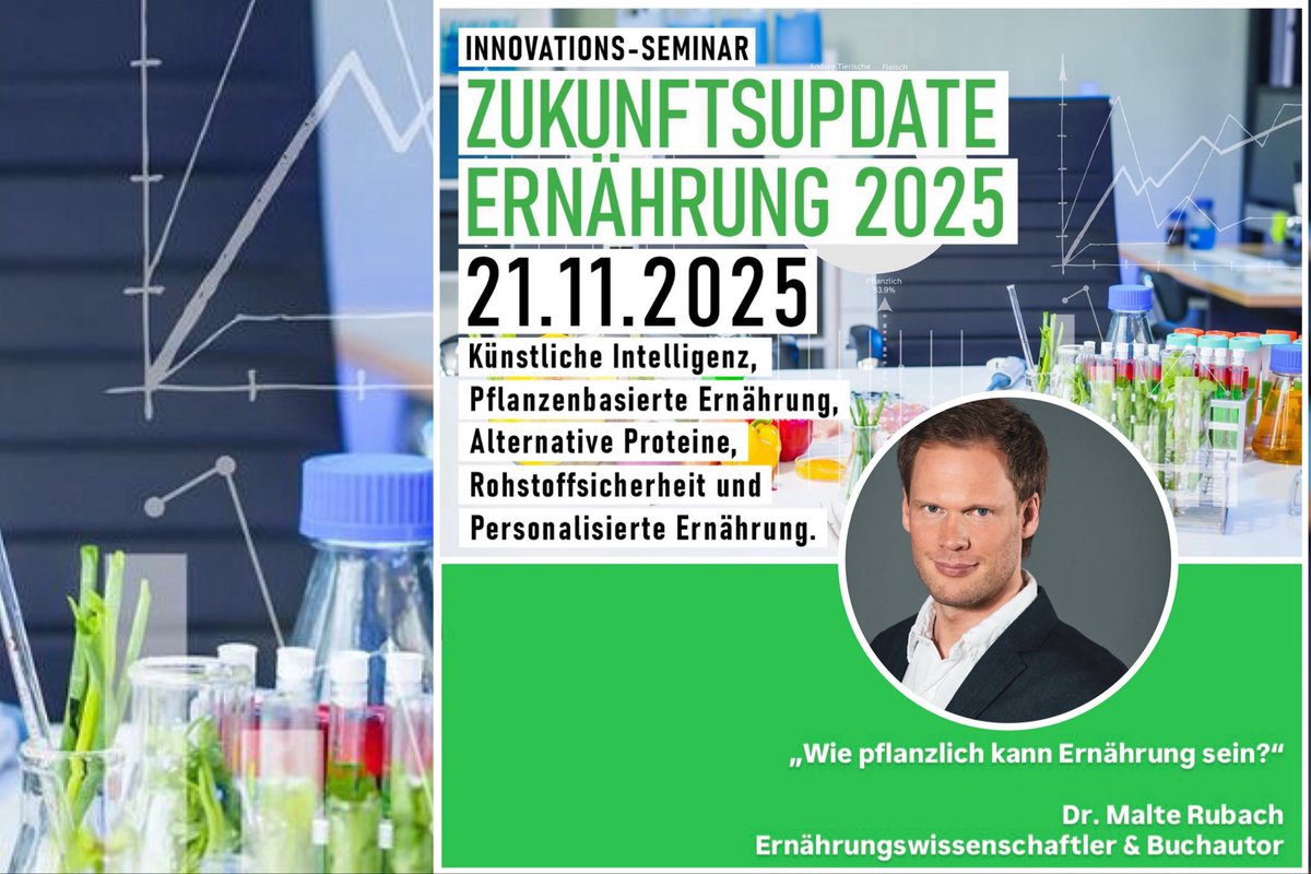 👨🏼‍🏫 Dr. Malte Rubach gibt bei „Zukunft der Ernährung 2025“ Antworten auf die Frage „Wie pflanzlich kann Ernährung sein?“ (u.a. EAT-Lancet 2.0).
ℹ️ Anmeldung: zukunftsupdate-ernaehrung.de
#ZukunftsUpdate #FoodInnovation #AlternativeProteine