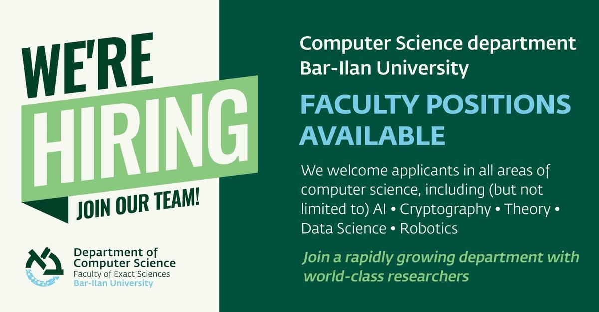 Tenure-track positions at the Computer Science department of Bar-Ilan University
We welcome applicants in all areas of computer science, including (but not limited to) AI, cryptography, theory, data science, and robotics.
Apply here>> cs.biu.ac.il/node/229
<a href="/BarIlanU/">Bar Ilan University</a>