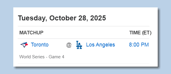 Tonight: World Series Game 4 - Toronto #BlueJays at LA #Dodgers  
⚾️ 8:00 PM (ET) - PLAY BALL!!! #MLB #Baseball #WorldSeries