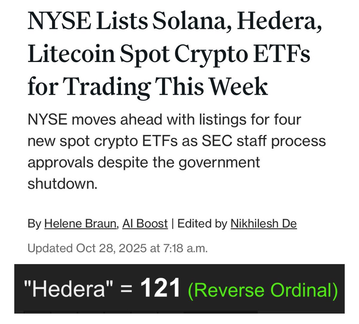 The first ever Hedera ETF will begin trading today during the 121st World Series.

“Hedera” = 121