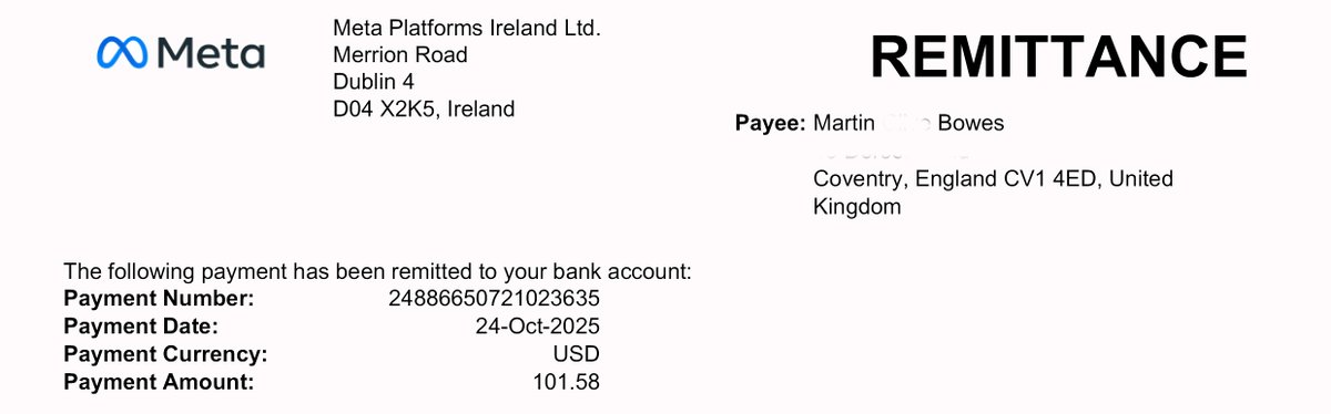 in other news... i received my first payment from META today... they paid me for my facebook activity/posts etc.... I didnt expect that!
