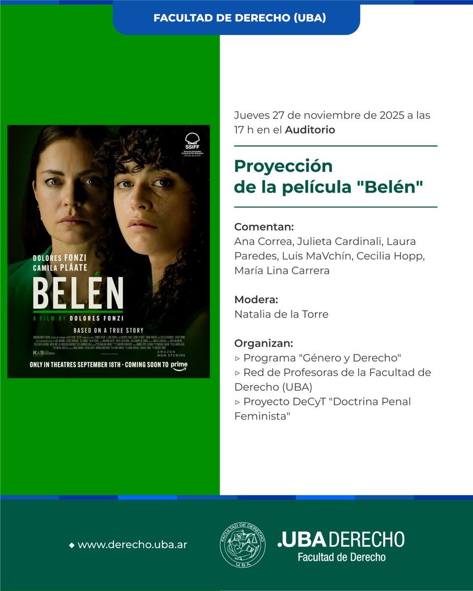 📅 El próximo 27 de noviembre a las 17 h se realizará la proyección de la película "Belén".

➕ Más información: bit.ly/3JkCiOL

#Película #Belén