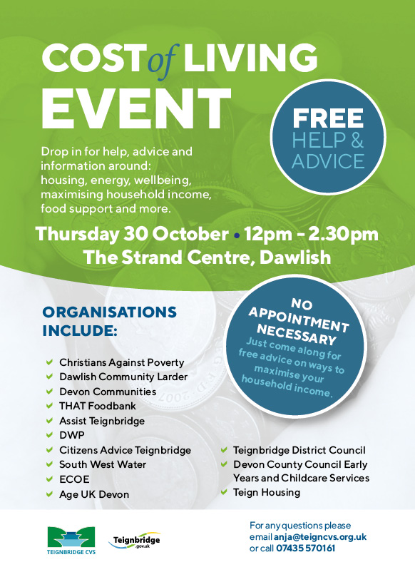 There is a free cost of living event in Dawlish on Thursday between 12pm-2.30pm, at The Strand Centre. Lots of local organisations will be there to offer help and advice, including: Teign Housing, THAT Foodbank, Citizens Advice Teignbridge &amp; South West Water. 
More details ⬇️