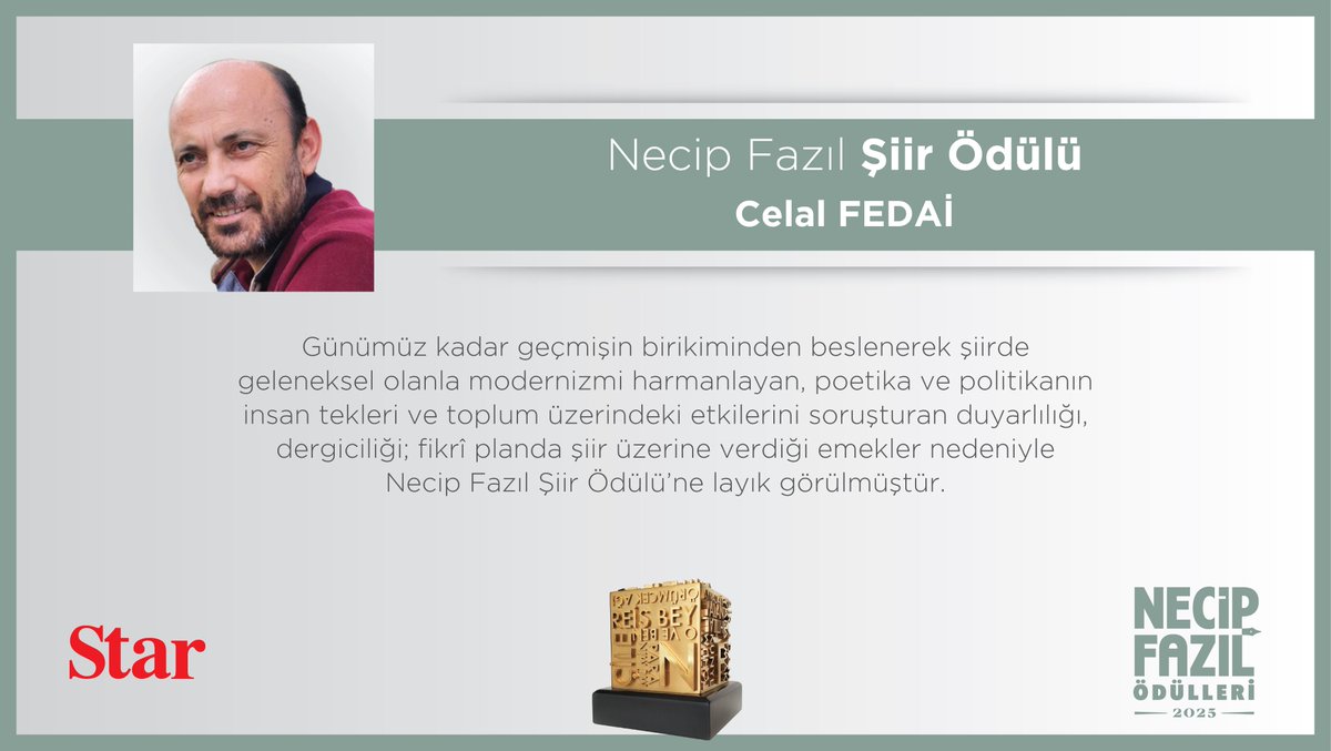 Necip Fazıl Şiir Ödülü: Celal Fedai
<a href="/CelaliFedai/">Celâl Fedai</a> 
#NecipFazılÖdülleri2025