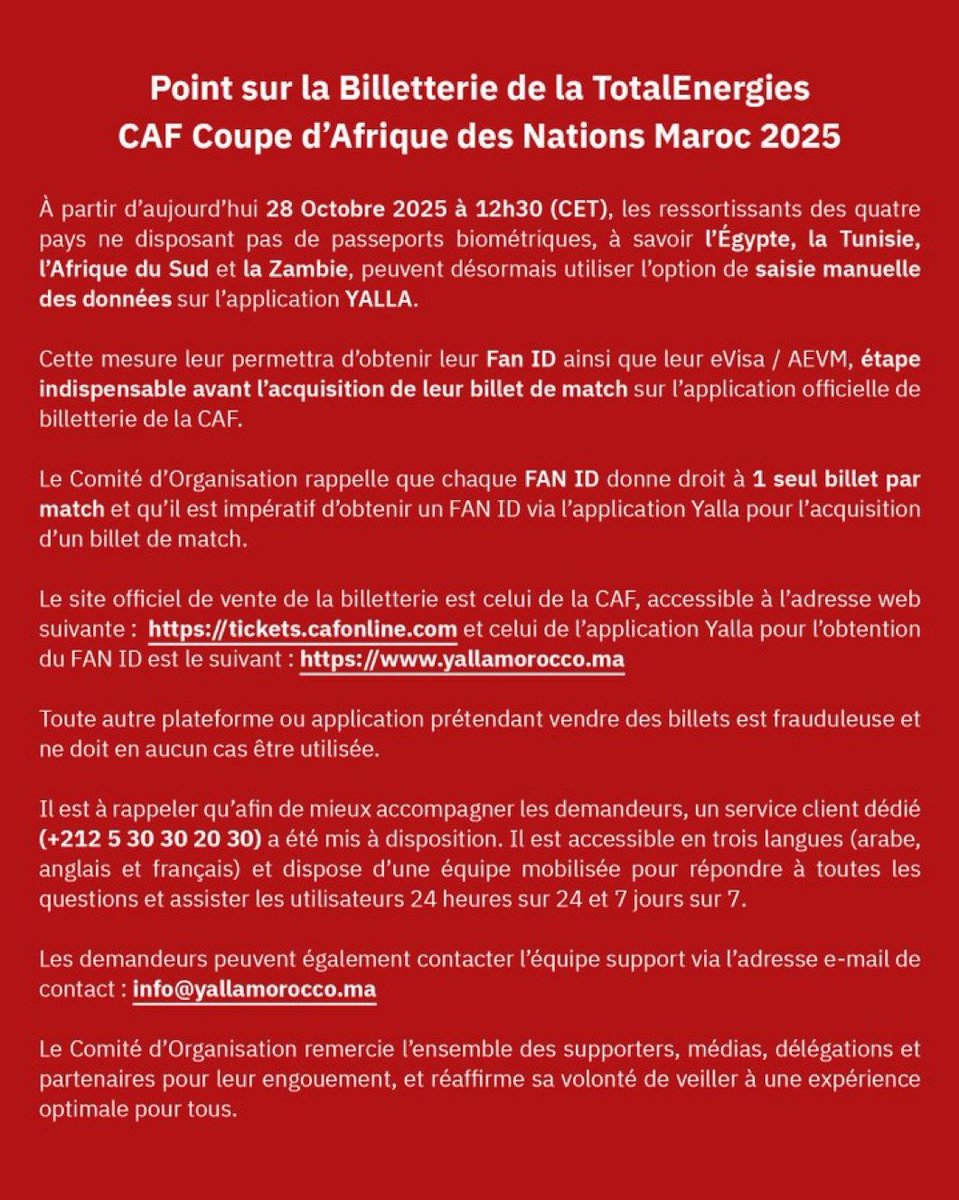 Les supporters tunisiens 🇹🇳 égyptiens 🇪🇬 sud-africains 🇿🇦 et zambiens 🇿🇲peuvent maintenant s’inscrire sur l’application Yalla et insérer les détails de leurs passeports manuellement.

Il suffit maintenant de mettre à jour l’application <a href="/Yalla_Morocco/">YALLA</a>.