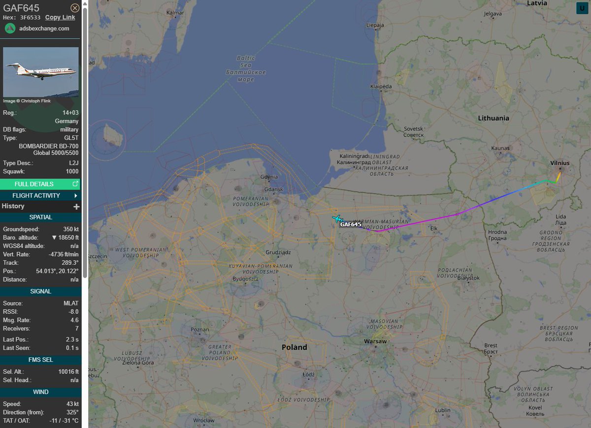 PolishMilRadar's tweet photo. 📅28.10⌚️13:27LT - 🇩🇪✈️ Niemiecki Bombardier Global do Gdańska

Z Wilna #EVYI na Litwie 🇱🇹 do Gdańska #EPGD 🇵🇱 zniża ✈️ #GAF645 Bombardier Global 5000 "14+03" Sił Powietrznych Niemiec 🇩🇪
🔗https://t.co/WIDyDvZCGH

#POLMILRADAR https://t.co/HD5NLRLkwK