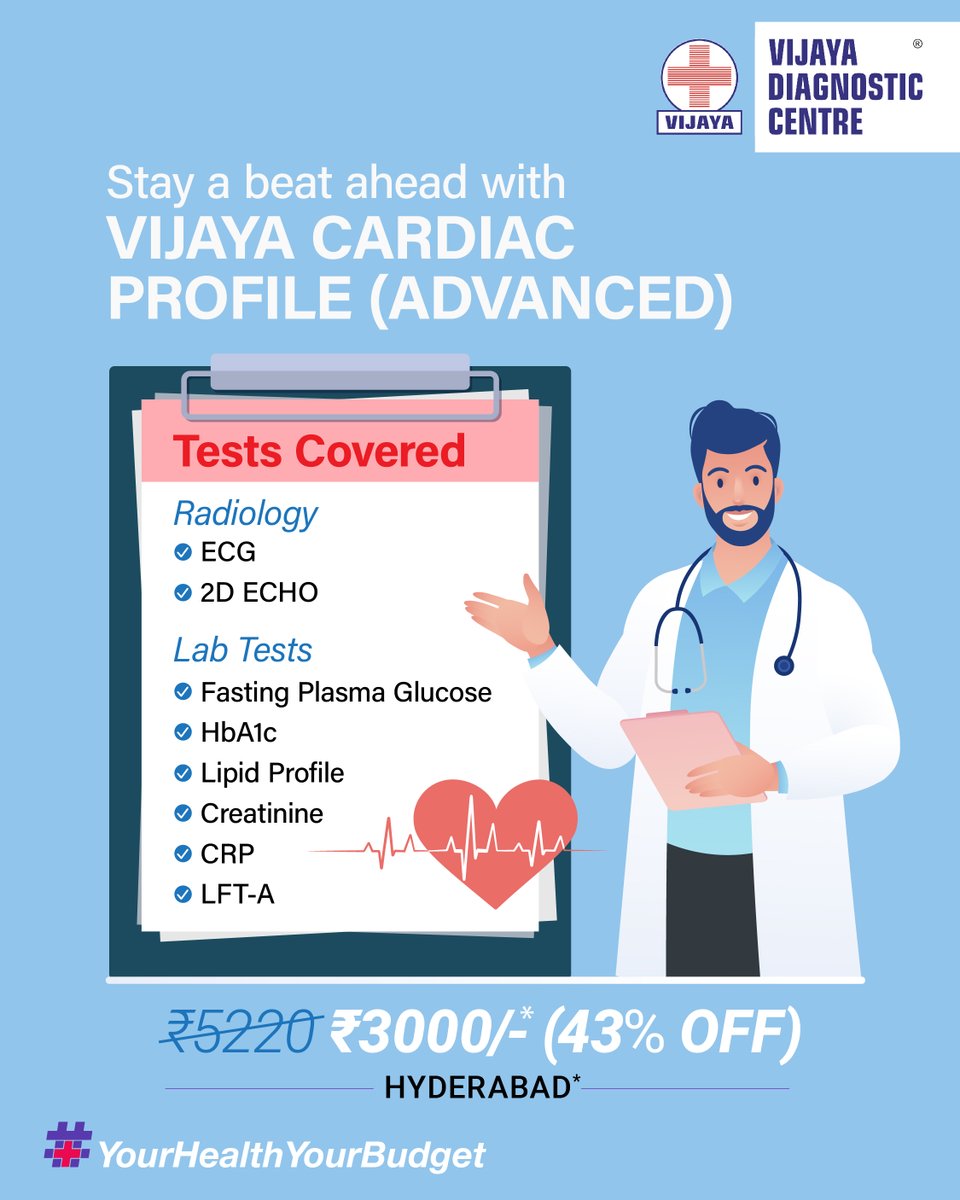 Your heart works nonstop — make sure it’s working right. 
Early detection through a Cardiac Profile Test can help prevent major risks before they start. 

Book your test today: vijayadiagnostic.com/health-checkup…

#YourHealthYourBudget #CardiacCare #CardiacProfileAdvanced #VijayaDiagnostics