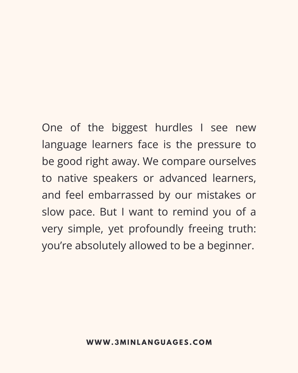 3MLanguages's tweet image. You’re allowed to be a beginner.
 Start messy, start small, but start.
 👉 Begin with 3 minutes: 3minlanguages.com

#3MinuteLanguages #StudyIn3 #LanguageLearning #MicroLearning #Consistency #LearnFrench #LearnSpanish #LearnGerman #LearnItalian #LearnPortuguese