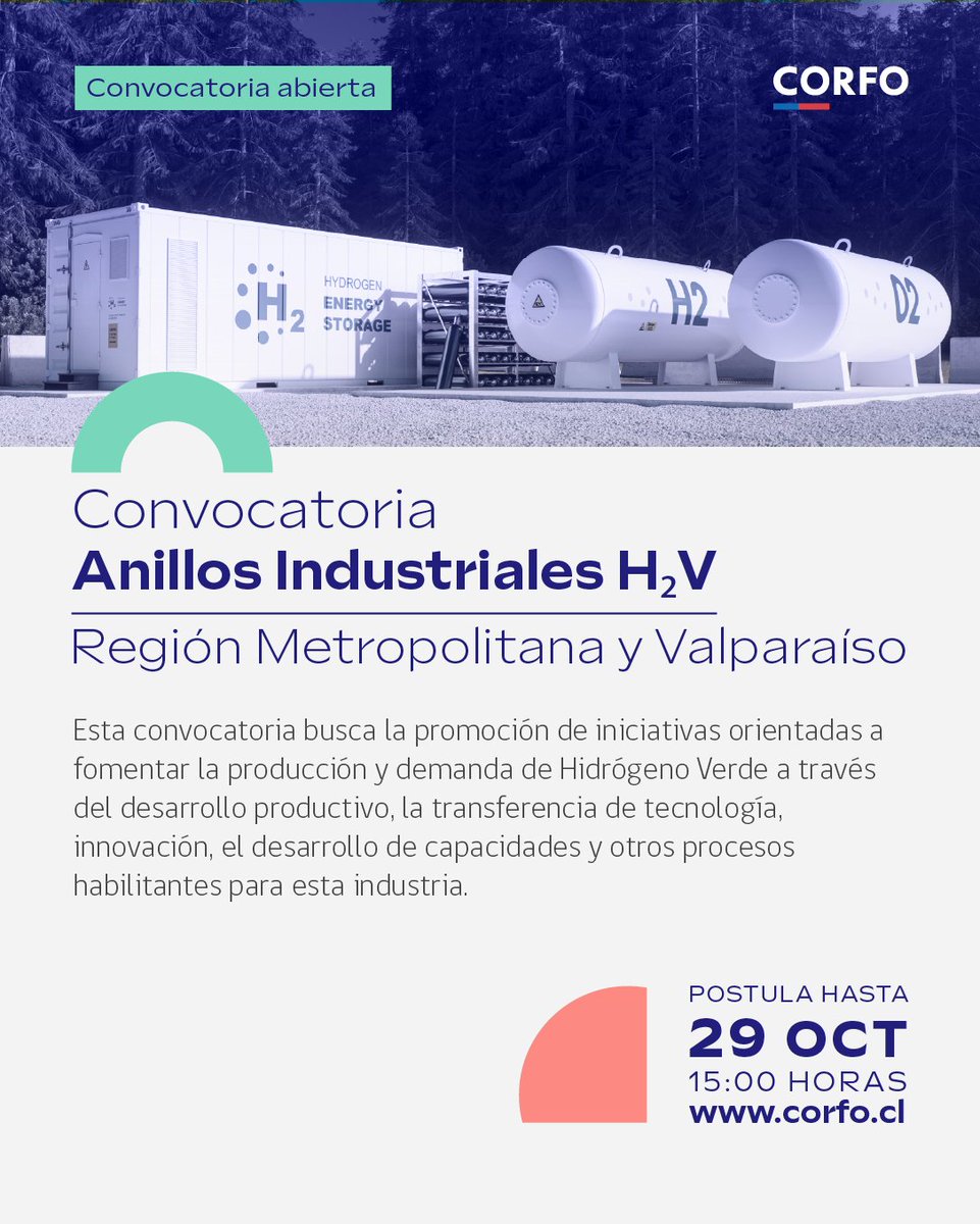Mañana 29/10 cierra la convocatoria de Anillos Industriales para impulsar la industria del Hidrógeno Verde en las regiones Metropolitana y Valparaíso 🌱

Más información 👉 corfo.cl/sites/cpp/conv…