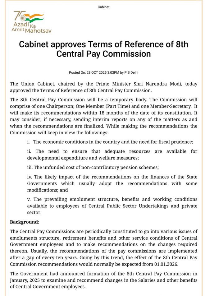 केंद्र ने 8वें वेतन आयोग को मंजूरी दी

01 जनवरी 2026 से लागू हो सकता है

50 लाख कर्मचारियों और 69 लाख पेंशनरों को फायदा ✌️✌️
<a href="/8thpaycommision/">8th pay commission</a> 
<a href="/JATbera1/">Bhera ram</a> <a href="/krchoudhary0789/">कर्ण चौधरी परबतसर</a> <a href="/Hanuchoyal18/">Skystar hàñû ✈</a> <a href="/Sunil93Gora/">Sunil Gora Choudhary</a> <a href="/shivani376940/">shivani sharma</a> <a href="/LDCsangh/">LDC संघ राजस्थान</a> <a href="/FinMinIndia/">Ministry of Finance</a> <a href="/mdhaka31/">Manisha Dhaka</a> <a href="/AnjuJhang/">Anju choudhary</a> <a href="/O_Masterni_G/">मेरे शब्द</a> <a href="/O_MasterG/">सरकारी मास्टर BSTCधारी</a>