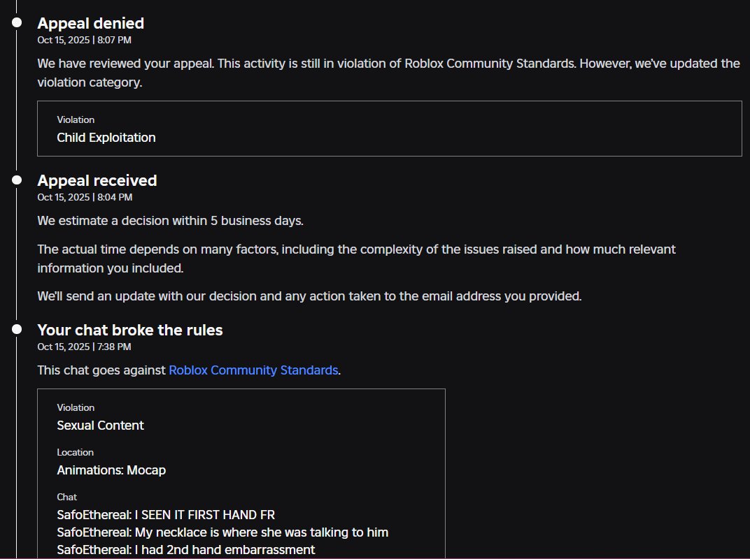 h4rmsqu's tweet photo. @Roblox Yes i'll admit how it looks on my end looks horrible as if i deserved the ban, but in reality thats not the case, as for the sexual content ban, was false as well as for my account was being used by someone else, through the chat system. https://t.co/BGAJnlYZXY