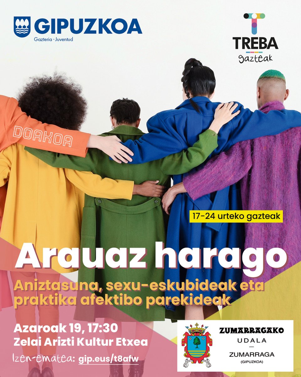 ⚡ Arauaz harago: aniztasuna, sexu-eskubideak eta praktika afektibo parekideak.

📝 Izena eman! / ¡Inscríbete! 🔗 gip.eus/t8afw

📆 Azaroak 19 de noviembre
⏰ 17:30
📌 Zumarraga. Kultur Etxea

🌈 Más allá de la norma

#gipuzkoangazte #TREBAgazteak #Gipuzkoa