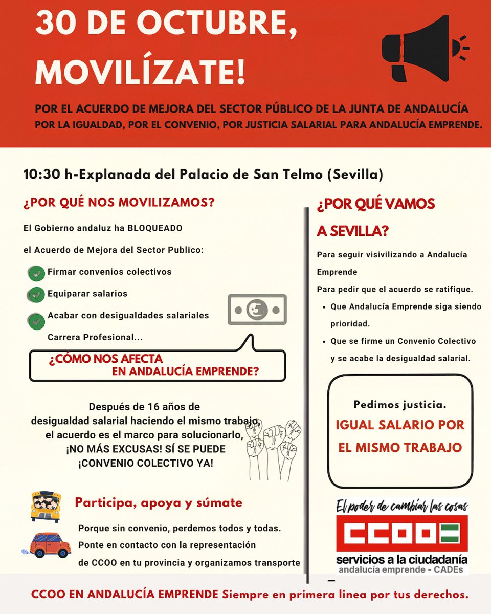 ❌ La Junta bloquea el #AcuerdoSectorPúblicoAND.
El jueves 30 de octubre estaremos en 📍San Telmo (Sevilla). Exigimos respeto y #ConvenioYa #NoMasExcusas
<a href="/AndaluciaJunta/">Junta de Andalucía</a> <a href="/Comunica_FSCA/">FSC CCOO de Andalucía</a> <a href="/JuanMa_Moreno/">Juanma Moreno</a> <a href="/CarolinaEspanaR/">Carolina España</a> <a href="/antoniosanz/">Antonio Sanz Cabello</a> <a href="/GoVillamandos/">José Carlos Gómez Villamandos</a> <a href="/daniescacena/">Daniel Escacena</a> <a href="/ccooandalucia/">CCOO de Andalucía</a>