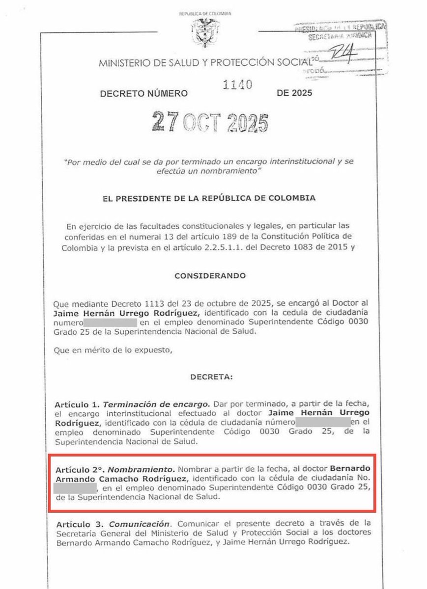 Como lo anticipé <a href="/petrogustavo/">Gustavo Petro</a> y <a href="/GA_Jaramillo/">Guillermo Jaramillo</a> nombraron al incompetente Bernardo Camacho como <a href="/Supersalud/">Supersalud</a>.

Este nefasto personaje estuvo 9 meses como interventor de Nueva EPS y la acabó; tendrá que declararse impedido para todo lo relacionado con ella.

¿Compraron su silencio?