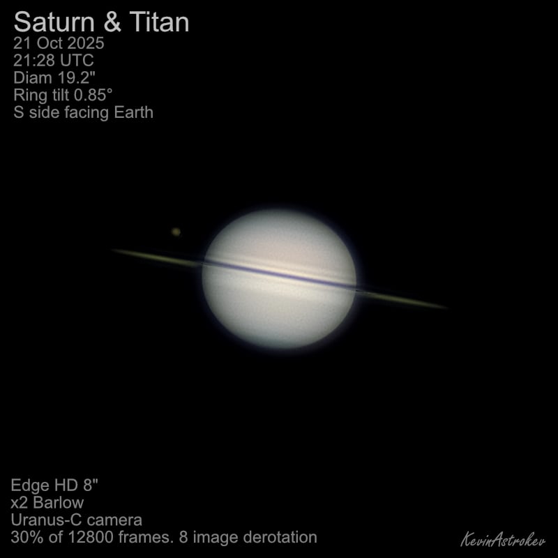 Saturn and largest moon Titan just before it transitted the disk, taken last week. I stopped imaging before it reached the disk because the seeing was deteriorating, but wished I'd carried on now 😕.
I really need to get a bigger aperture scope on Saturn