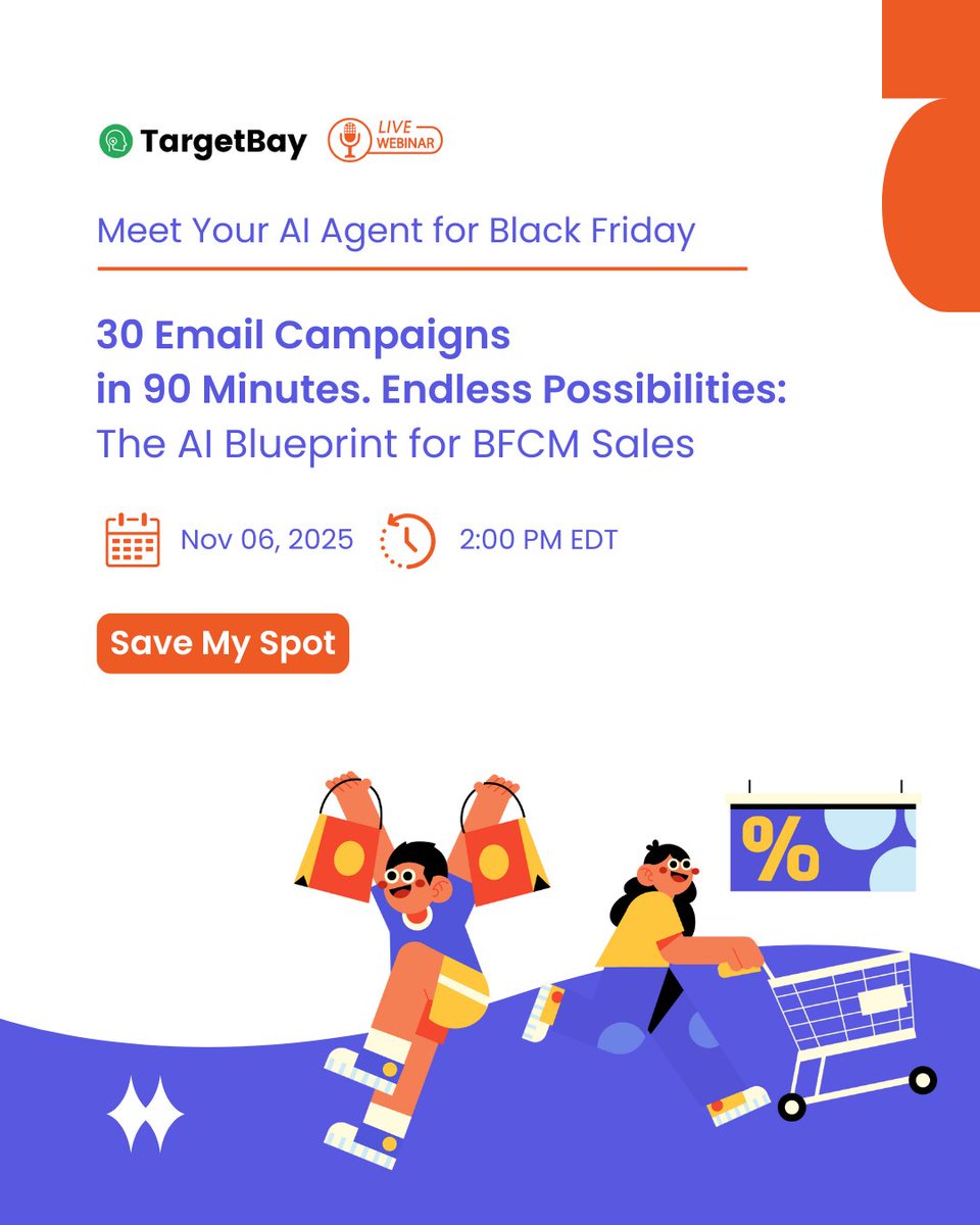 TargetBay's tweet photo. Campaigns built in minutes, sales that hit in hours.

Join our free webinar on November 6th at 2 PM EDT to discover how AI can save you hours and maximize your sales potential this holiday season!

Register now - https://t.co/leDVd076BM https://t.co/DmXqJt21ix