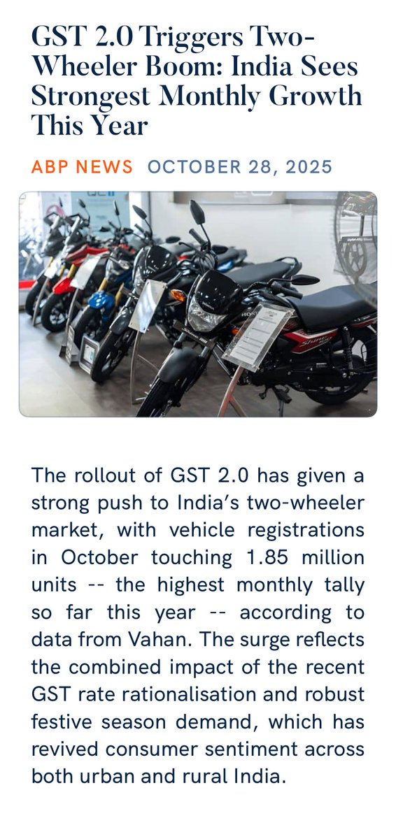 GST 2.0 Triggers Two-Wheeler Boom: India Sees Strongest Monthly Growth This Year

news.abplive.com/business/gst-c…

#GSTBachatUtsav
#NextGenGST

via NaMo App